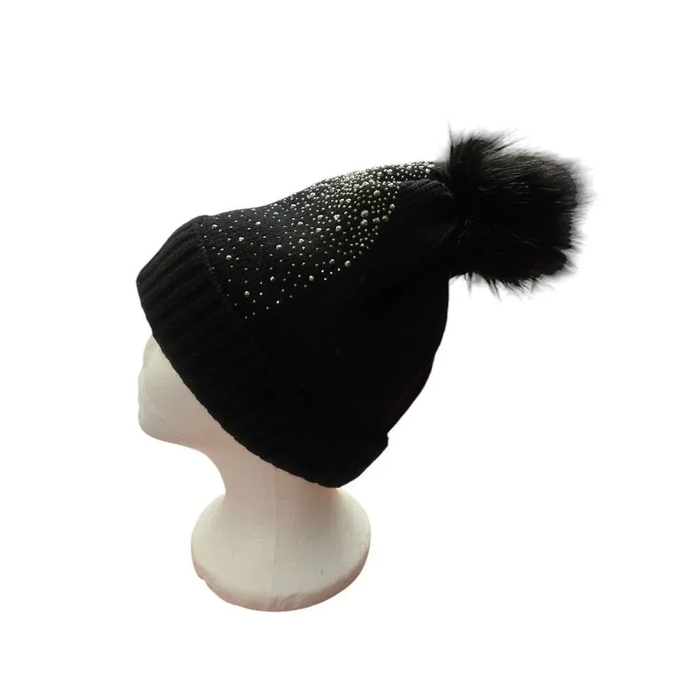 Women's One Size Black Knit Embellished Rhinestones & Faux Fur Pompom Hat